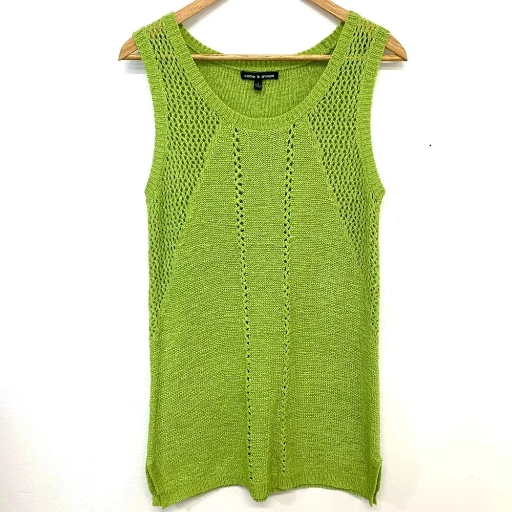 Cable Gauge Sweater Tank Small Green Loose Knit Tunic Lagenlook Layer Work Boho